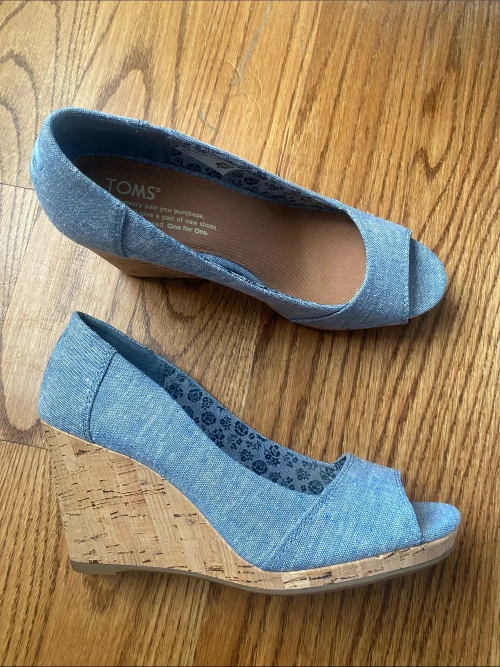 TOMS Light Blue Chambray Peep-Toe Heels